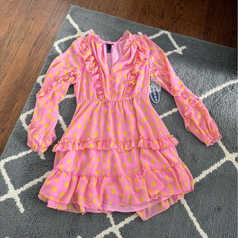 Scoop NYC Pink Floral Dot Ruffle Tiered Long Sleeve Dress